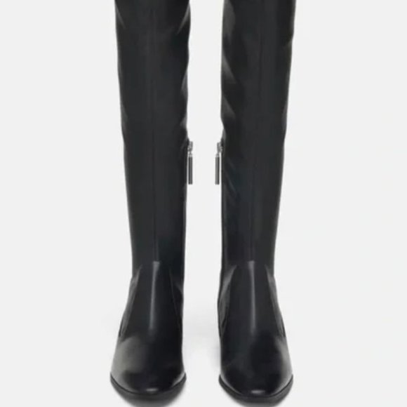 Zara Thigh High Studded Faux Leather Boots Black Low Heel - Picture 5 of 6